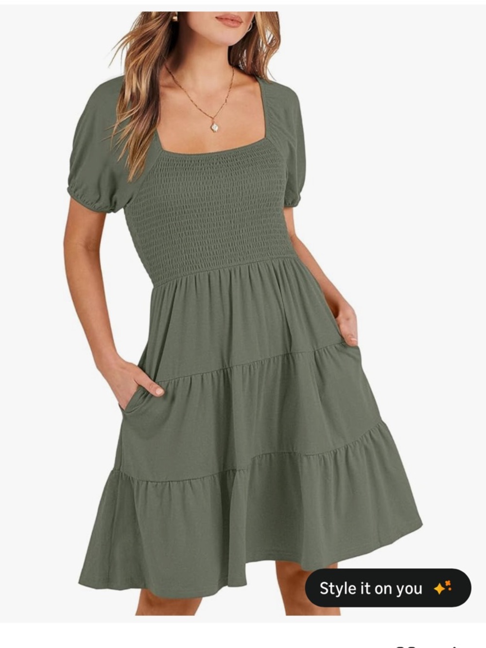 Olive Green Puff-Sleeve Tiered Dress